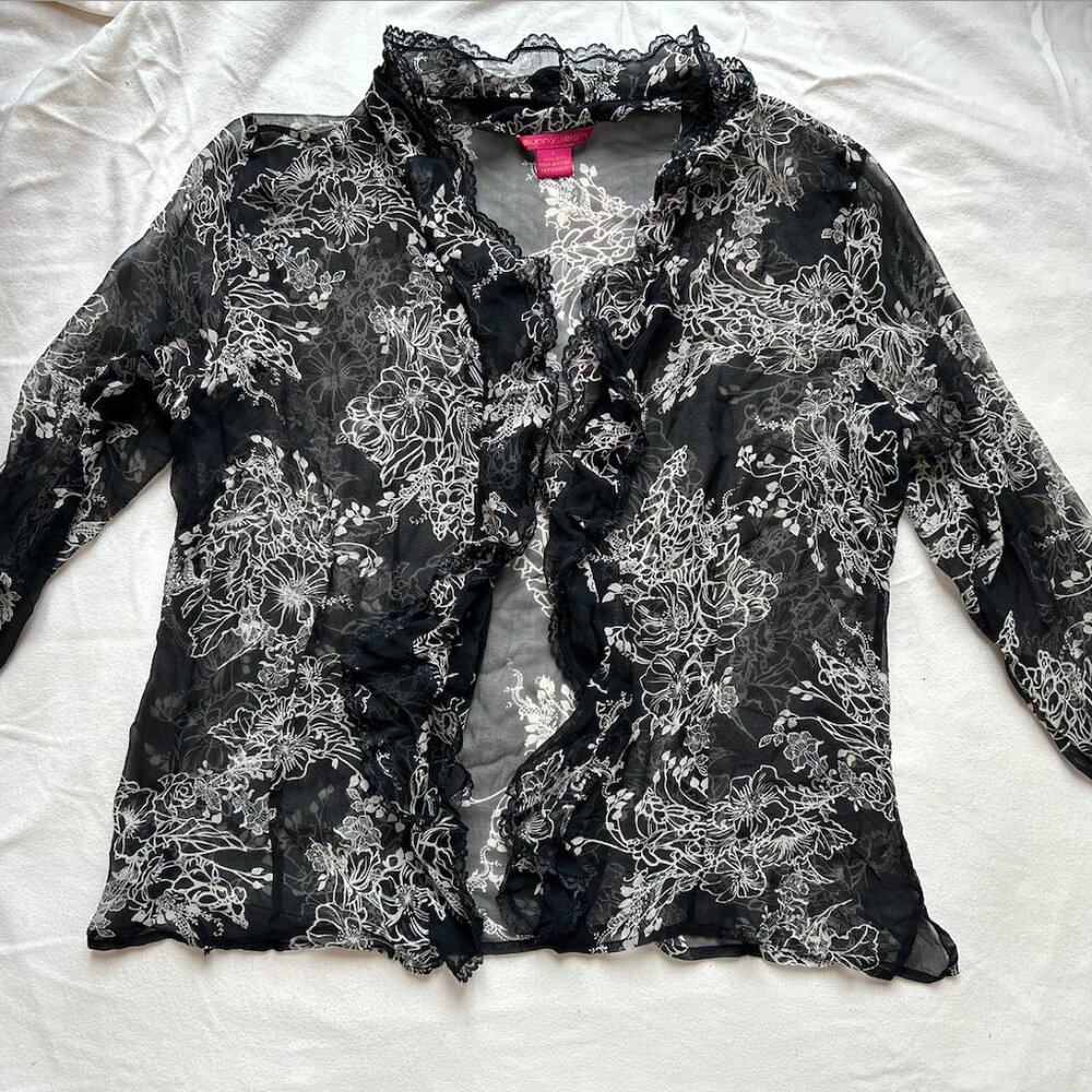 Sunny Leigh Sheer Black Ruffle Lace Floral Top – Vintage Y2K Aesthetic